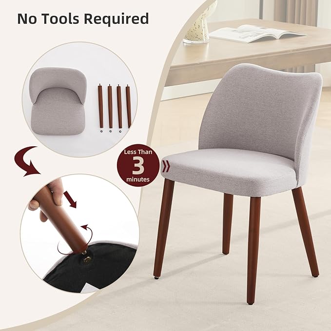 ElfinAura Dining Chair Set of 6, Linen Upholstered Dining Chair with Wood Legs, Wing Backrest, Wooden Kitchen Chair, Kitchen Chairs with Thick Cushions for Dining Room, Living Room, Light Grey