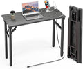 TEMI Small Computer Desk Folding Table - No Assembly, Compact 35.8" Foldable Desk with Power Outlets & USB Charging Port, Portable Small Office Desk, Ideal Mini Study Table, Marble Greige