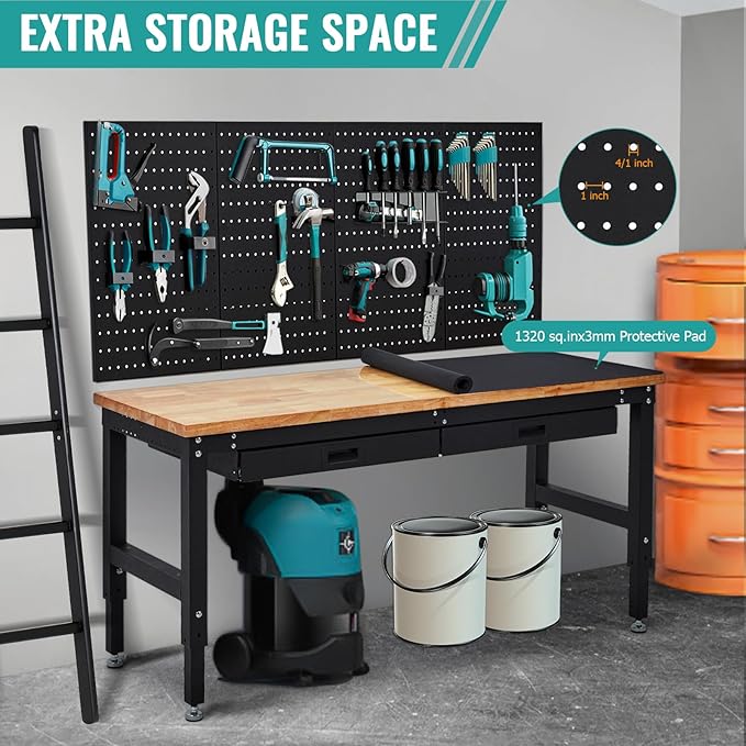 60 Inch Adjustable Height Rubber Wood Garage Workbench, Heavy Duty 3000LBS Work Bench with Drawers & Pegboard & Power Outlets Work Table for Garage, Workshop, Home Office