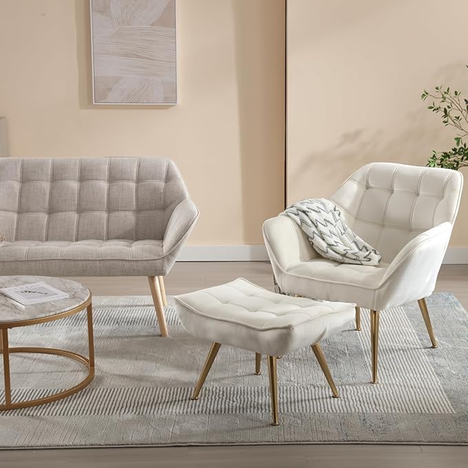 Accent Chair with Ottoman, Upholstered Velvet Armchair with Wood Legs Fluffy Armchair Side Chair Sofa Chair Reading Chair Living Room Chair with Footstool for Bedroom Apartment, Cream