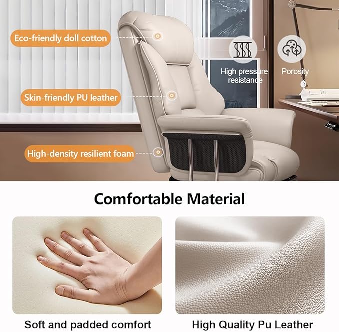 BTFYOU Big and Tall Office Chair with Armrests Executive Chair with Footrest and Spring Lumbar Support High Back Leather Ergonomic Chair Adjustable Height Tilt Lock for Business