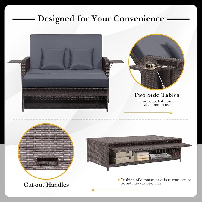 RELAX4LIFE Wicker Patio Outdoor Daybed - Rattan Day Bed Lounger w/Loveseat & Storage Ottoman, Sunbed Sofa Set w/Cushions, 4-Level Adjustable Backrest & 2 Retractable Trays, Patio Daybed (Grey-Brown)