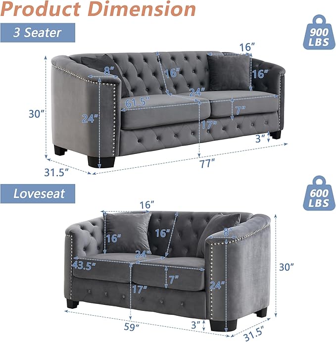 mikibama Luxury 2 Piece Chesterfield Velvet Sofa Set for Living Room, Modern Decor Furniture Sectional Sofa, 3 Seater & Loveseat Upholstered Tufted Couch for Apartment, Office, Hall(Grey)