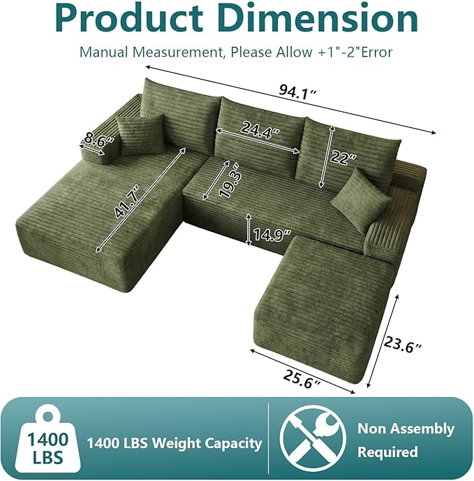95" U-Shape Cloud Couch, Modern Modular Sectional L-Shape Sofa with Ottoman, Corduroy Upholstered Couches Deep Seat Sleeper Chaise Longue for Living Room, No Assembly Required(Green, Left Facing)