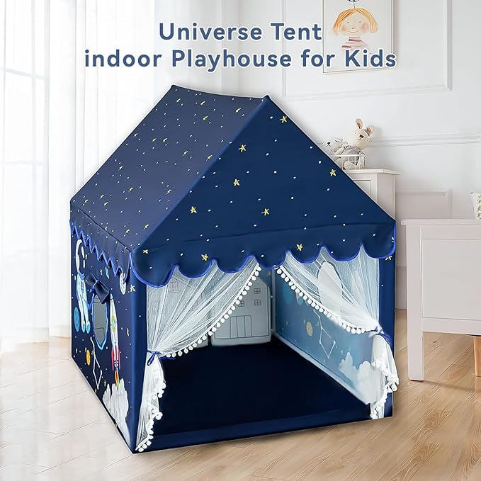 Kids Play Tent Playhouse Indoor Tent for Kids Boys Toddler, Large Castle Play House Bed Tents Spaceship Outer Space Rocket Blue, Kid Toys for Boy Girl Birthday House Gift