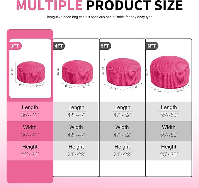 Homguava 3 FT Bean Bag Chair,3' Big Bean Bag,Large Bean Bag Chairs for Adults with Memory Foam Filled,Comfy Beanbag Chairs Soft Bean Bag Sofa with Dutch Corded Plush Cover-Pink