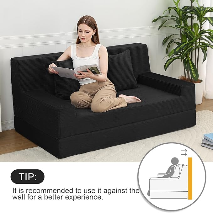 MeMoreCool Corduroy Folding Sofa Bed Queen – Convertible 2‑in‑1 Futon Couch | Foldable Foam Sleeper with Detachable Pillow, Machine‑Washable Cover & Space‑Saving Design for Living Room or Guest Room