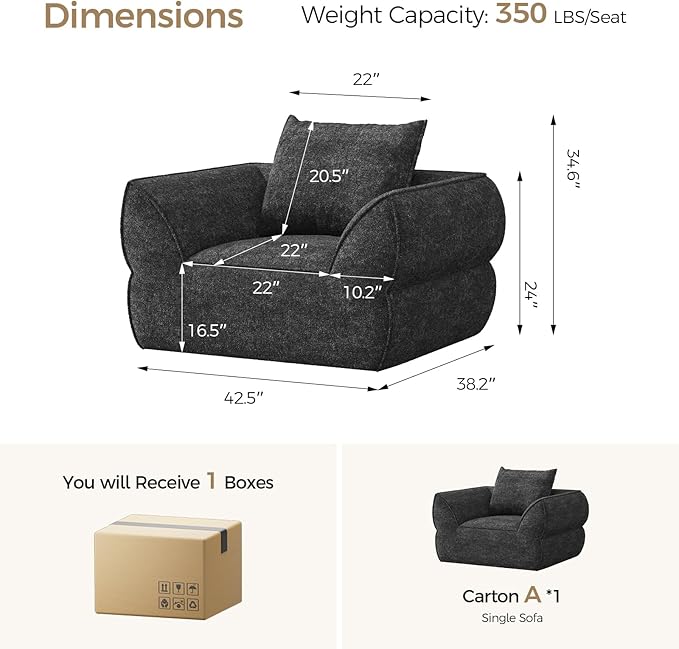 42.5" Single Cloud Sofa, Boneless Couch for Small Spaces, Modern Comfortable Upholstery Sofas with Pillows for Living Room, Apartment, Dorm, Office, Removable Cover, No Assembly Required Dark Gray