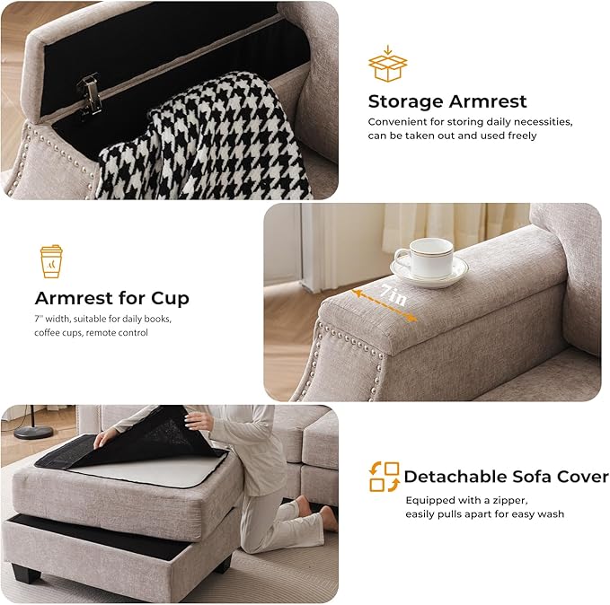 Rukefo 85" Sectional Sofa Couch with Storage Ottoman,L Shaped Couch with Armrest Organizer,3-Seater Sofa,Small Modular Couches for Living Room,Bedroom,Apartment,Chenille,Khaki