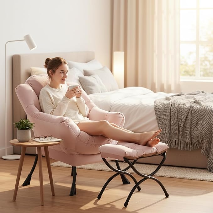 Welnow Lazy Chair with Ottoman, Modern Lounge Accent Chair with Armrests and a Side Pocket, Leisure Sofa Armchair, Reading Armchair with Footrest for Small Space, Pink