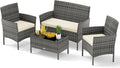 RELAX4LIFE 4-Piece Patio Furniture Set - Rattan Outdoor Conversation Bistro Set w/Cushions, Glass Coffee Table, Wicker Chairs & Loveseat for Garden Backyard Porch Balcony (1, Mix Grey-Beige)