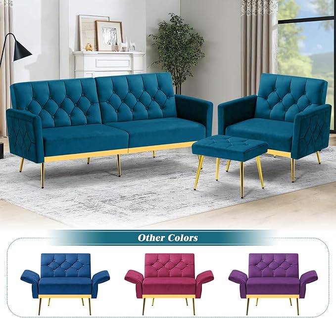 ACMEASE Velvet Accent Chair w/Adjustable Armrests and Backrests, Tufted Single Sofa with Ottoman, Upholstered Reading Chiar for Living Room, Apartment, Bedroom, Teal