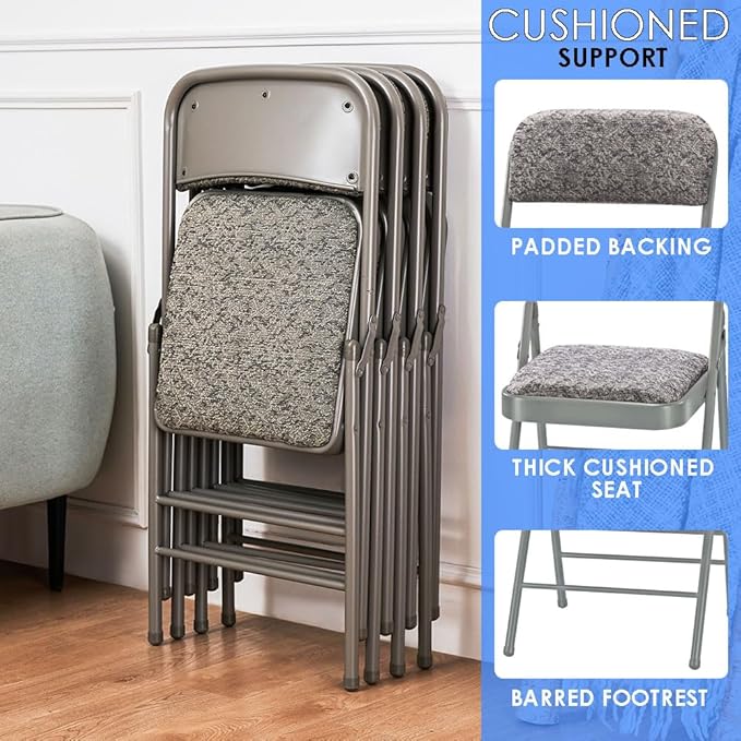 EZONE (4pcs Fabric Folding Chairs with Padded Cushion Backrest Metal Steel Foldable Chair Portable Lightweight Foam Padded Fold Chair (4, Fabric - White)