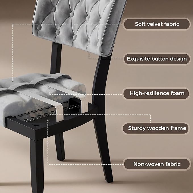 UVV Upholstered Dining Chairs Set of 2, Mid Century Modern Tufted Kitchen Chairs Dining Room Chairs, Velvet Dinner Chair with Wood Legs for Dining Room Kitchen, Light Grey-Black Legs