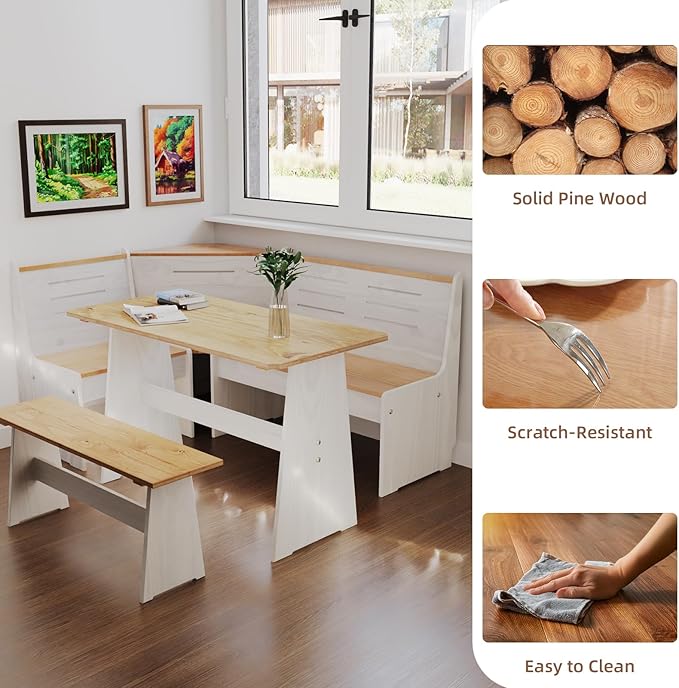 Breakfast Nook Table Set for Kitchen - White Bench Seating for Dining Room with Space Saving Solid Wood L Shaped Corner Dining Table Set Apartment for 4 to 6 People