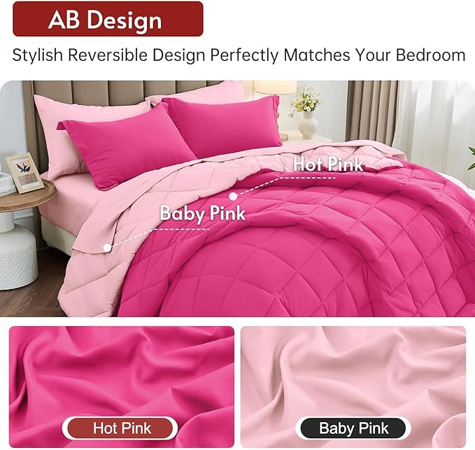 MUXHOMO 7 Pieces King Comforter Set, Reversible Bed in a Bag King Size, All Season Bedding Set with Comforter, Flat Sheet, Fitted Sheet, Pillowcases & Shams, Hot Pink & Baby Pink