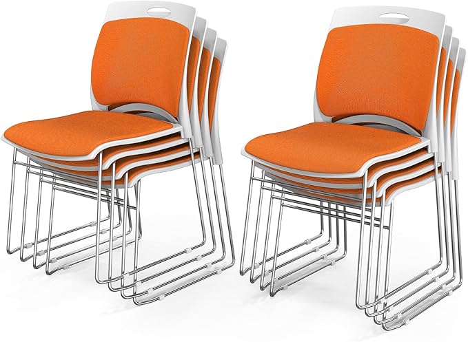 VINGLI Stackable Chairs Set of 8, Stacking Office Chairs with Metal Sled Base, Ergonomic Plastic Padded Seat & Back, Capacity 350lbs, Stacking Chairs for Waiting Room Break Room Banquet Guest, Orange