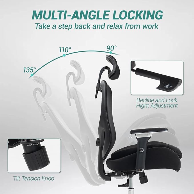 750 LBS Big and Tall Office Chair, Heavy Duty Executive Chair w/4D Arms, Ergonomic Computer Home Desk Chair, Swivel Mesh Chair w/2D Lumbar Support, Adjustable Headrest, Tilt Lock-Black