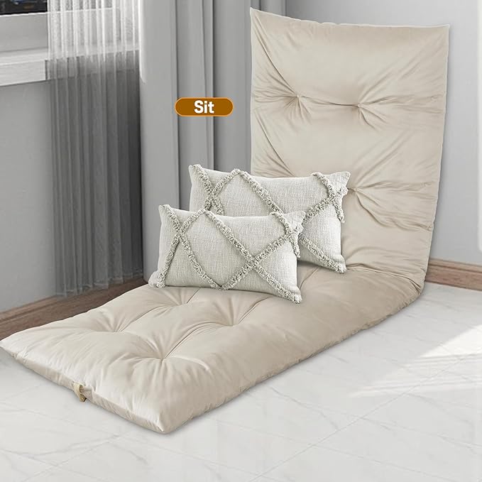 BALAPET Floor Lounger Pillow,Foldable Light Thick Tufted Floor Pillow Cushion with Elasticized Webbing for Easy Storage.Floor Lounger for Meditation,Playing,Yoga,Reading,Sleeping(Beige White)