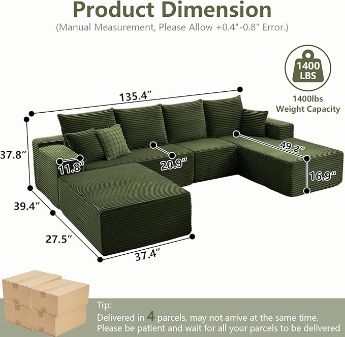 Lakifun 135" U-Shape Cloud Couch, Modern Modular Sectional Comfy L-Shape Sofa with Ottoman, Deep Seat, Upholstered Corduroy Sleeper Chaise Longue for Living Room Bedroom, No Assembly Required, Green