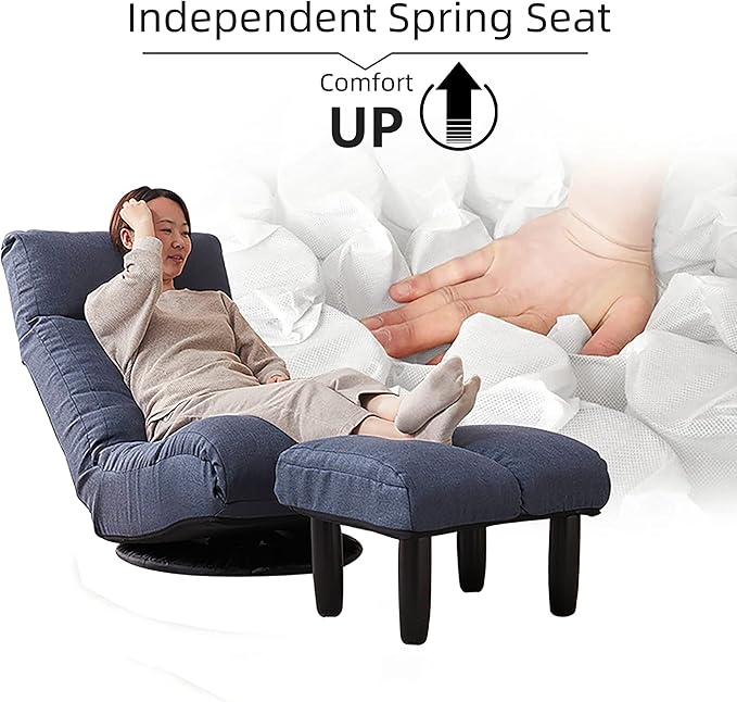 360° Swivel Floor Chair Single Lazy Sofa Leisure Balcony Reclining Japanese Tatami Adjustable Recliner with Ottoman for Living Room, Bedroom, Indoor Use (Footstool, Navy)