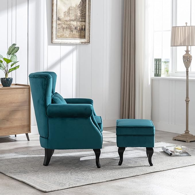 DM Furniture Accent Chairs with Ottoman Set of 2 Velvet Wingback Club Chair Upholstered Reading Chair Lounge Chairs with Wood Legs/Button Tufted Back for Bedroom Living Room, Teal Blue