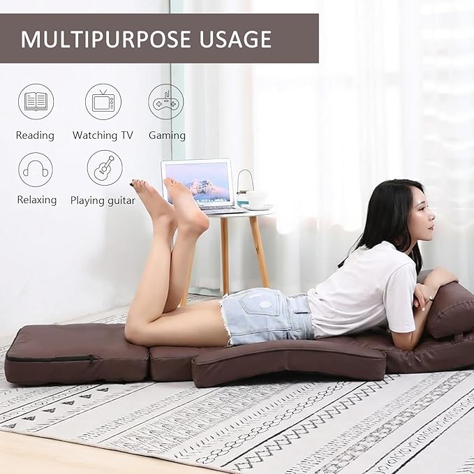 FLOGUOR 14-Position Adjustable Floor Chair, Chaise Lounge Indoor, Folding Lazy Sofa with Armrests and a Pillow Padded Adults Gaming Chairs for Living Room, Bedroom Factory Price,8803 (Coffee(PU))