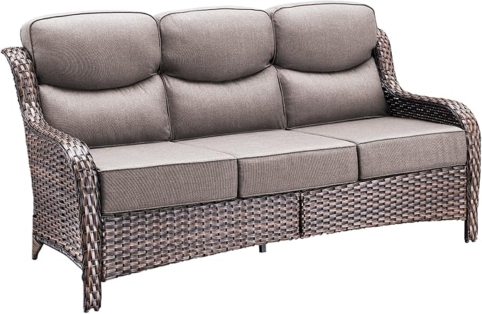 Pugire 71'' Patio Couch Outdoor Wicker Sofa, Heavy Duty All-Weather Rattan 3-Seater Sofa with Deep Seating and Removable Cover, Outdoor Patio Furniture for Deck Porch Sunroom Backyard Brown/Grey