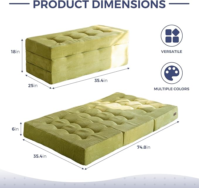 MAXYOYO Tri-Fold Mattress, 6 Inch Tufted Folding Futon Foam Bed, Foldable Floor Mattress Guest Bed Futon Topper Portable Camping Sleeping with Corded Fabric, Green, 35.4"x75"