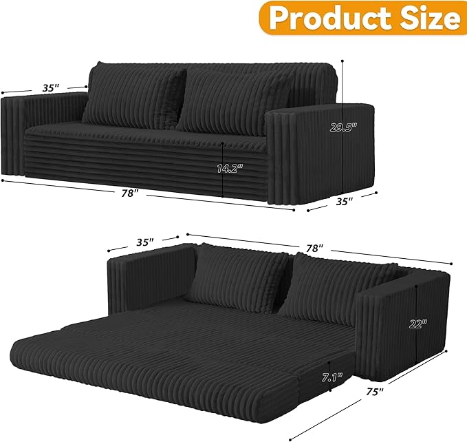 HABUTWAY Folding Sofa Bed, 2 in 1 Convertible Sleeper Chair with 2 Pillows, Portable Fold Out Chair Bed with Armrest, Comfy Floor Couch, Lazy Sofa for Living Room Bedroom Dorm Home Office, Black