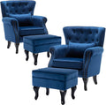DM Furniture Accent Chairs with Ottoman Set of 2 Velvet Wingback Club Chair Upholstered Reading Chair Lounge Chairs with Wood Legs/Button Tufted Back for Bedroom Living Room, Blue