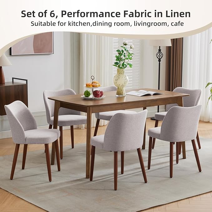 ElfinAura Dining Chair Set of 4, Linen Upholstered Dining Chair with Wood Legs, Wing Backrest, Wooden Kitchen Chair, Kitchen Chairs with Thick Cushions for Dining Room, Living Room, Light Grey