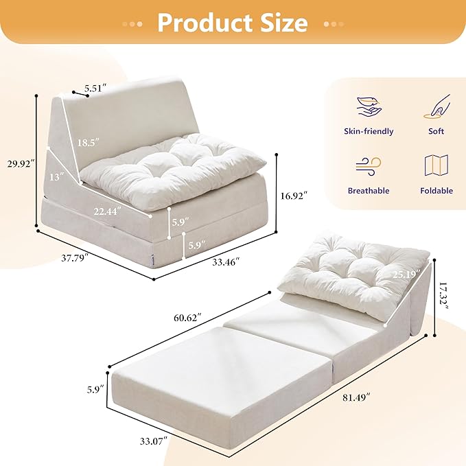 Hobestluk Sofa Couch Folding Sofa Bed Comfy Floor Lounger Convertible Sofa with Removable Cushion Couches for Small Spaces Foldable Mattress for Living Room Bedroom or Office (Chenille Beige, Large)