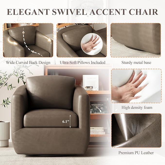MALOL 360° Comfy Swivel Accent Armchair with Pillow - Fully Assembled Living Room Single Sofa No-Sag Foam & Sturdy Metal Base, Swivel Accent Chair for Bedroom Living Room, Office, Grey