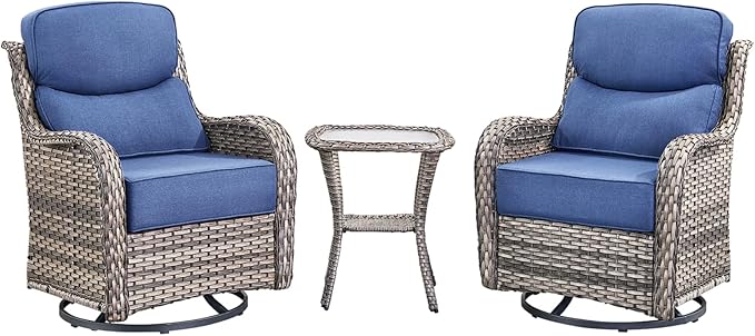Pugire Luxury Outdoor Swivel Rocker Patio Chairs Set of 3, High Back Swivel Patio Chairs with Side Table & 6-Inch Thick Cushions, Wicker Outdoor Bistro Set for Porch, Yard, Deck, Poolside, Grey/Blue