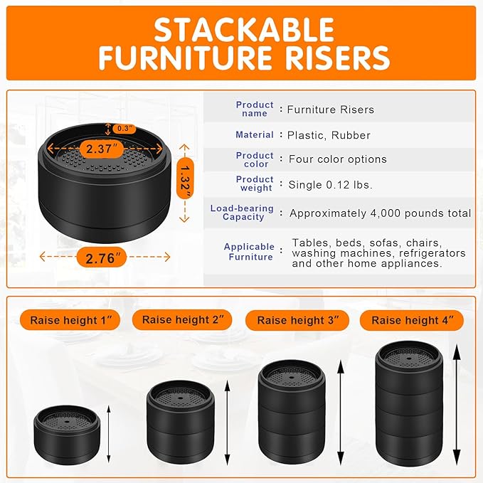 Furniture Risers Bed Risers Heavy Duty 1 inch, 2 inch, 3 inch, 4 inch Round Adjustable Bed Lifts Riser for Desk Legs Table Couch Sofa Chair Refrigerator Washing Machine (1+1+1 Inch, Black, 8 Pack )