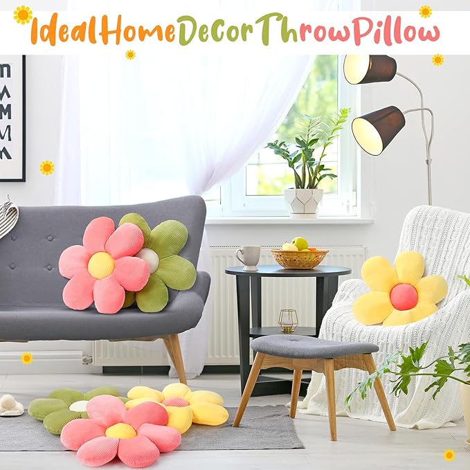 Coume 6 Pcs Flower Floor Pillows, Daisy Throw Pillows 16 Inch Flower Seating Cushions for Back to School Reading Classroom Sofa Couch Bed Decor(Yellow, Pink, Green)