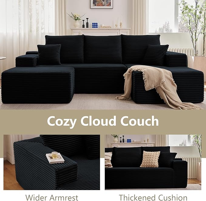 Lakifun 107" U-Shape Cloud Couch, Modern Modular Sectional Comfy L-Shape Sofa with Ottoman, Deep Seat, Upholstered Corduroy Sleeper Chaise Longue for Living Room Bedroom, No Assembly Required, Black