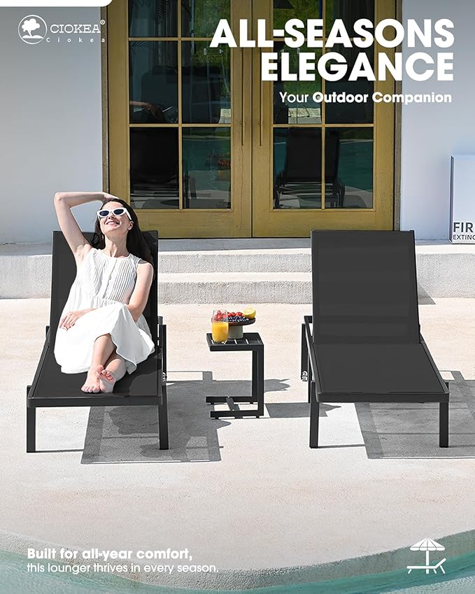 Ciokea Aluminum Chaise Lounge Chair Outdoor with Wheels, Patio Lounge Chair with Adjustable 5-Position Recliner and Full Flat Tanning Chair for Patio, Beach, Pool, Black