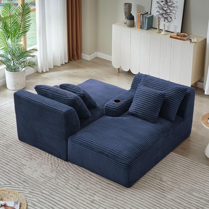 71" Oversized Double Chaise Lounge Sofa Indoor Boneless Sleeper Daybed, Fluffy Corduroy Upholstered Compressed Cloud Couch Loveseat Sofabed, Floor Chair w/Cupholders, Side Pockets for Living Room