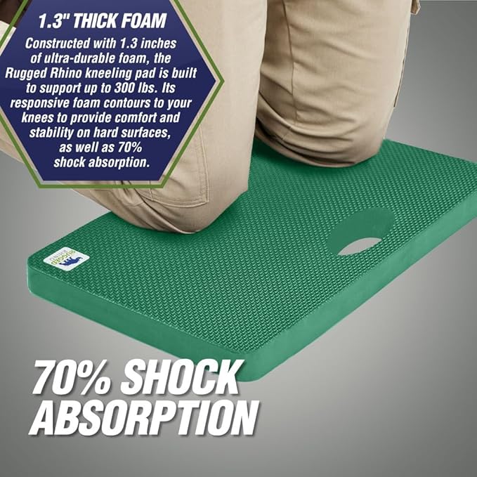 Rugged Rhino Heavy Duty Patent Pending Kneeling Pad, Shock Absorbent Thick Knee Pads, Holds Up to 300 lbs, Protect Knees from Hard Concrete Surfaces, for Mechanics, Yard Gardening, Gym, Pine Green