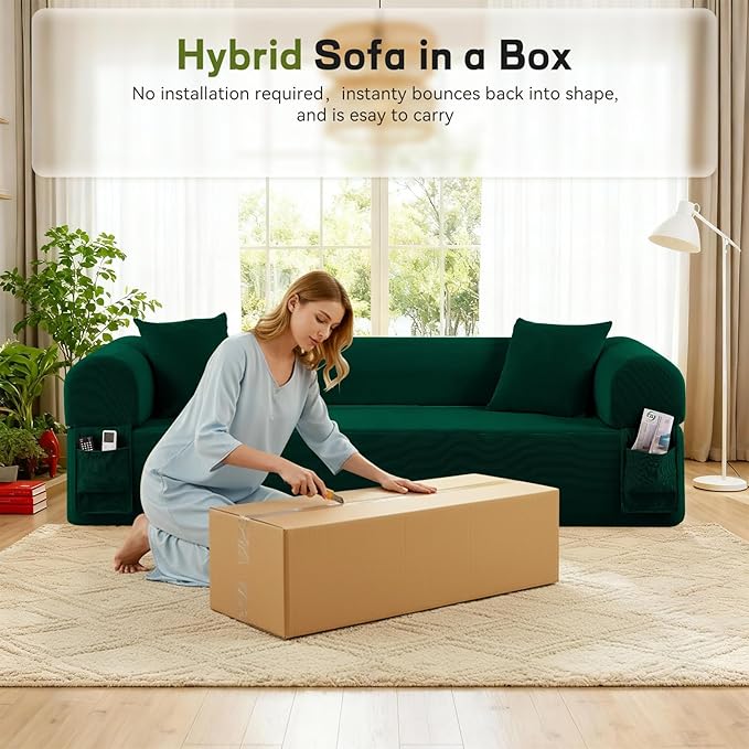 GJQ 3 Seater Boneless Couches for Living Room,Corduroy Couch with 2 Pillows & Storage,Memory Foam Couch in a Box,Compressed Floor Sofa with Armrests,No Assembly Required Cloud Sofa,Green