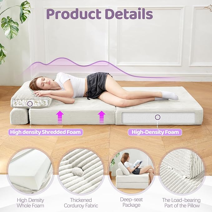 Fold Out Chair Bed, Floor Sofa Bed with High-Density Foam and Pillow Backrest,Portable 3 in 1Folding Chair Bed for Living Room、 Bedroom 、Balcony 、Hotel、 Apartment, Single, Creamy Apricot