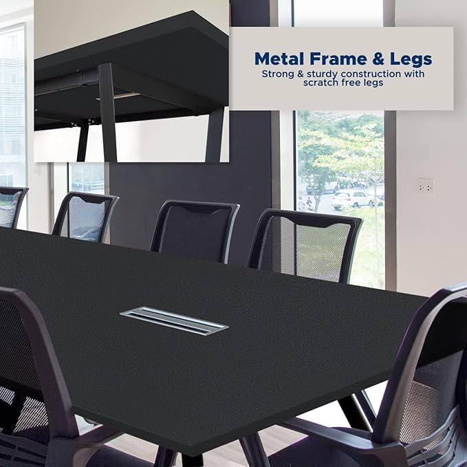 ahliss Sturdy Conference Table with Cable Management Grommets Modern Rectangle Office Meeting Table with Wood Tabletop and Metal Frame & Legs- Easy Assembly Boardroom Table (Black, 8 Foot)