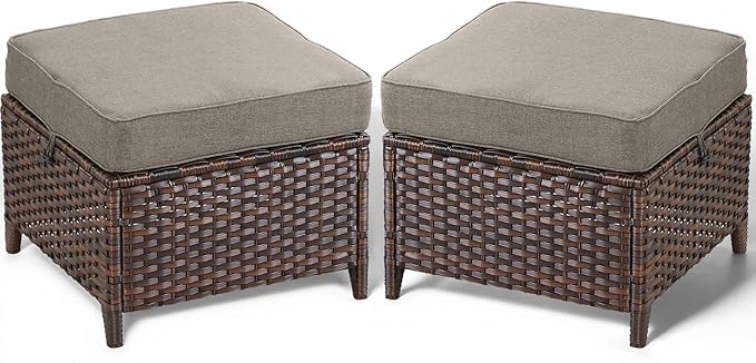 ACTREST Patio Ottoman Outdoor Wicker Side Table - 2PCS Multipurpose Heavy Duty All-Weather Brown Rattan Extra Seating Bench Footrest Footstool for Garden Back Porch Poolside Apartment - Grey
