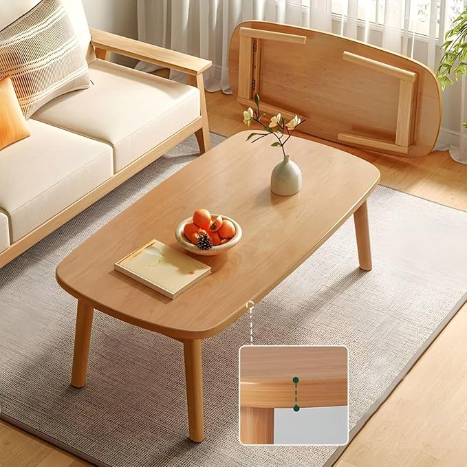 RUNNUP Modern Wood Coffee Table for Living Room Center, Minimalist Display Coffee Table, Foldable Side End Table, 47" L x 22" W x 17" H Natural