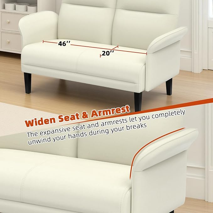 Faux Leather Loveseat with Wide Armrests, Symmetrical Shawl Arm 2-Seater Sofa, Upholstered Modern Loveseat with Wooden Legs for Small Living Room, Apartment, Beige