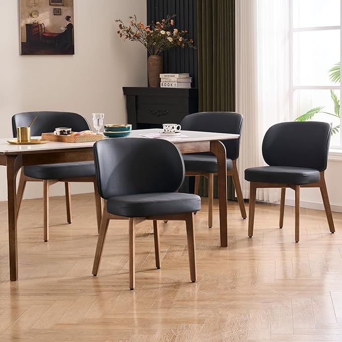 YOUNUOKE Upholstered Dining Chairs Set of 4, Modern PU Leather Dining Room Chair with Wood Legs, Widen Backrest Comfy Armless Side Kitchen Chairs, Black