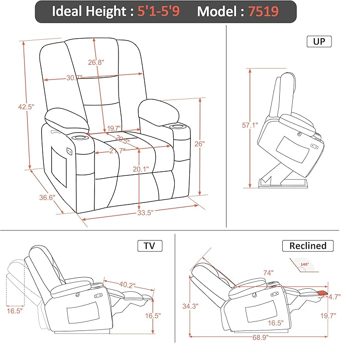 MCombo Power Lift Recliner Chair for Elderly, Lift Chair with Heat and Massage, USB Ports, Cup Holders, Faux Leather 7519 (Medium, Dark Brown)