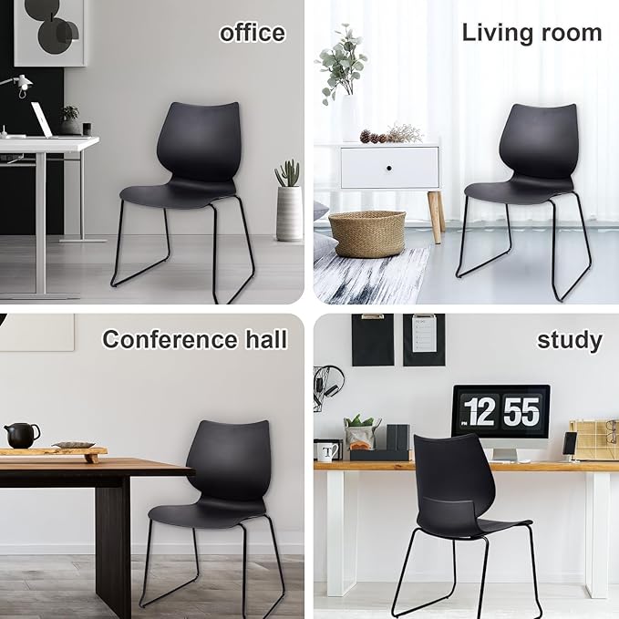 Stackable Waiting Room Chair, Stacking Office Chair with Ergonomic Lumbar Support and Metal Legs, Plastic Desk Chairs for Conference School Church Guest Reception Set of 12, Black